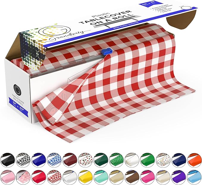 Grandipity Plastic Tablecloth Roll - 54in x 300 Ft. Red Gingham Checkered Plastic Table Cloths for Parties | Disposable with Cutter Box - Cut to Size Disposable Tablecloth for Rectangle & Round