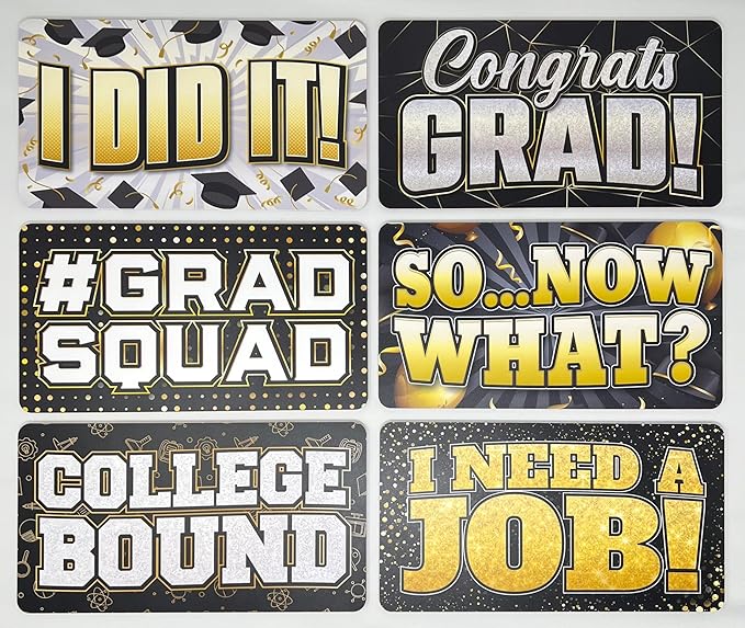 KING PROPS Graduation Photo Booth Prop Decorations 6 Count, Any Graduation Party, Water Proof Multi Color Double Sided Gold and Black Selfie Photoshoot Party Props