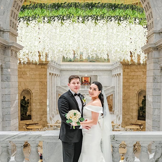 BLEUM CADE 36Pcs White & Purple Fake Wisteria Hanging Flowers, 3.6Ft/Pcs Artificial Wisteria Garland, Hanging Flowers for Wedding Party Home Backdrop Wall Decoration