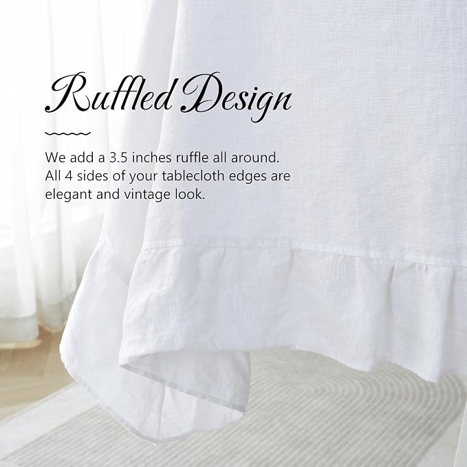 Linen World Ruffle Linen Tablecloth,100% French Linen White Tablecloth 108" x 60" Inch,Washable Rectangular Tablecloth for Dining,Outdoor,Weddings and Restaurants,Decorative Thanksgiving Christmas