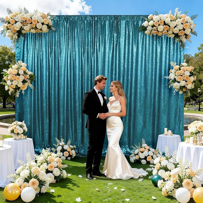 SquarePie 10x10ft Teal Sequin Backdrop for Photography, Satin-Backed Real Sequin Curtain, Enhanced Coverage Shimmering Background with 4" Rod Pocket for Wedding, Birthday, Party Decor, 1 Panel