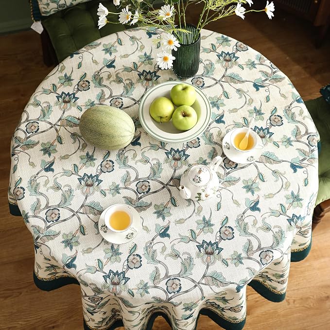 patdrea Vintage French Linen Tablecloth,Round,Diameter 67"-Noah | Heavyweight Floral Table Cloth for Round Table,Botanical Green Pattern,for Dining Room Tea Party Thanksgiving