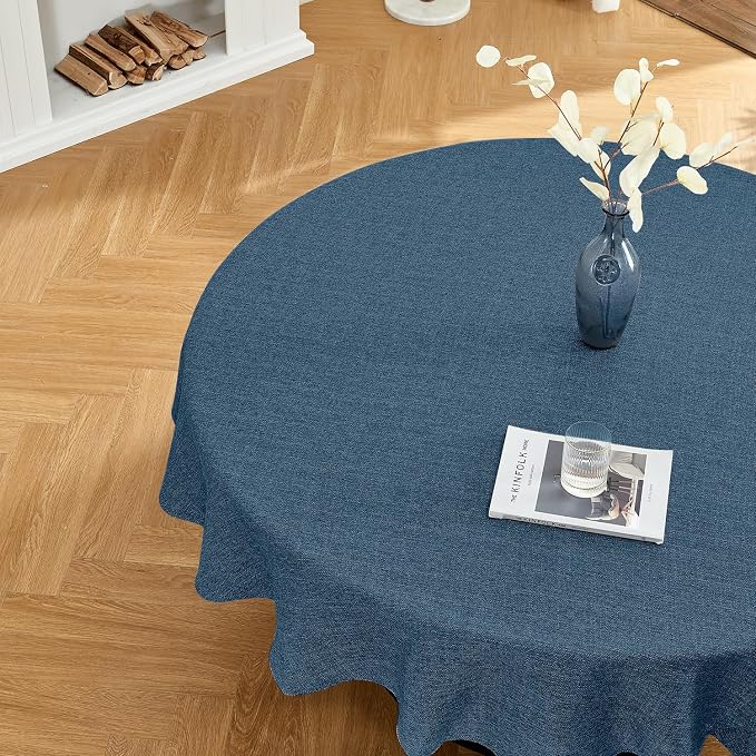 BALCONY & FALCON Round Tablecloth Washable Wrinkle Resistant and Water Proof Table Cloth Decorative Linen Fabric Tablecloth for Dining Party Kitchen Wedding and Outdoor Use (Navy Blue,107" Round)