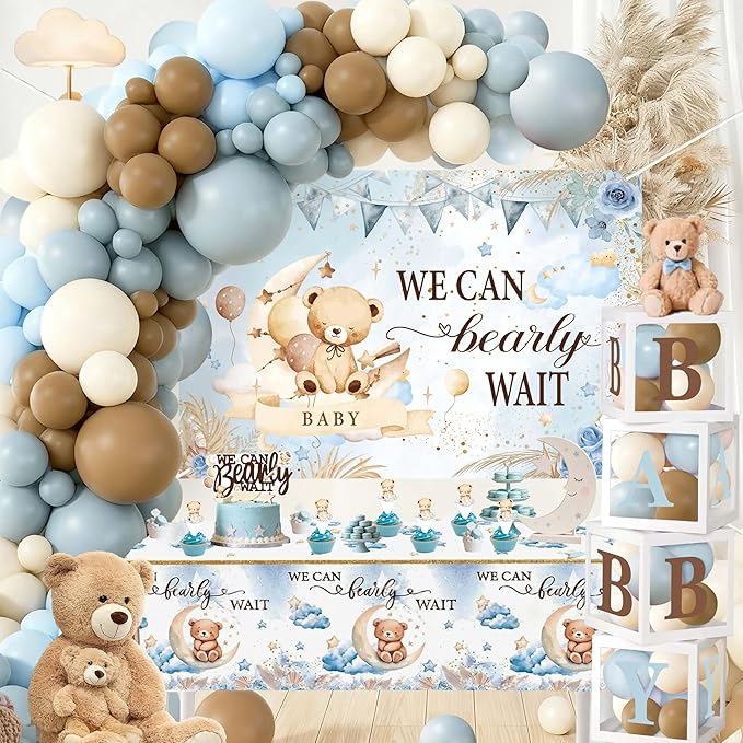 Teddy Bear Baby Shower Decorations for Boy - We Can Bearly Wait Party Supplies Include Balloon Garland Arch, Backdrop, Tablecloth, 4 Boxes, Cake Toppers - Blue Brown Boho Theme