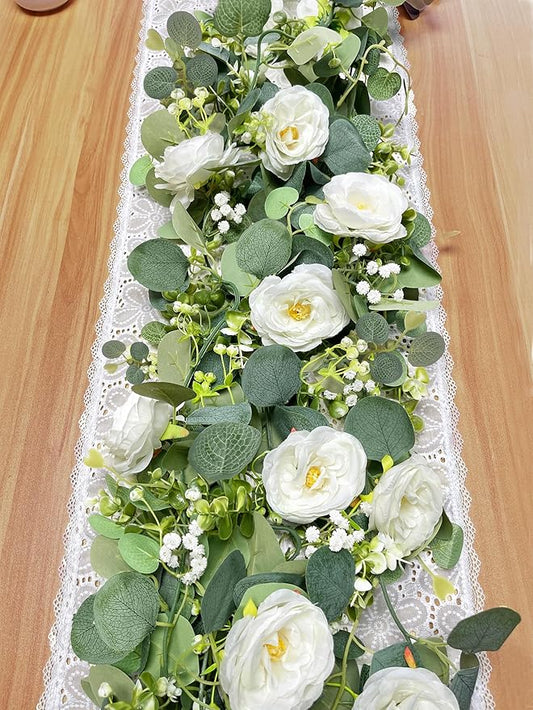 2 Pack 6Ft Artificial Eucalyptus Flower Garland with White Roses, Faux Floral Greenery Garland Fake Flower Vines for Wedding Party Centerpiece Table Runner Arch Party Decor (2PCS,White