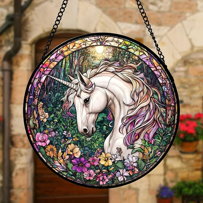 DASTOLL Stained Glass Window Hanging, Unicorn Flowers Suncatcher for Doors Home Sun Catchers Decoration and Christmas, Mother's Day Birthday Gifts for Women, Men, and Mom 11.8x11.8 in