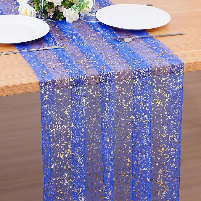 BINBE 1PCS Dark Bule Table Runner 10Ft Sheer Chiffon Fabric Cheesecloth Sequin Glitter Table Runner for Wedding Birthday Party Decor