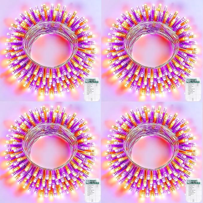 Pooqla 4 Pack String Lights Battery Operated, Total 66.6ft 200 LED Fairy Lights Indoor Outdoor Decorations, 8 Modes Battery Lights for Halloween Bedroom Classroom Porch Party Yard Decor, Orange Purple