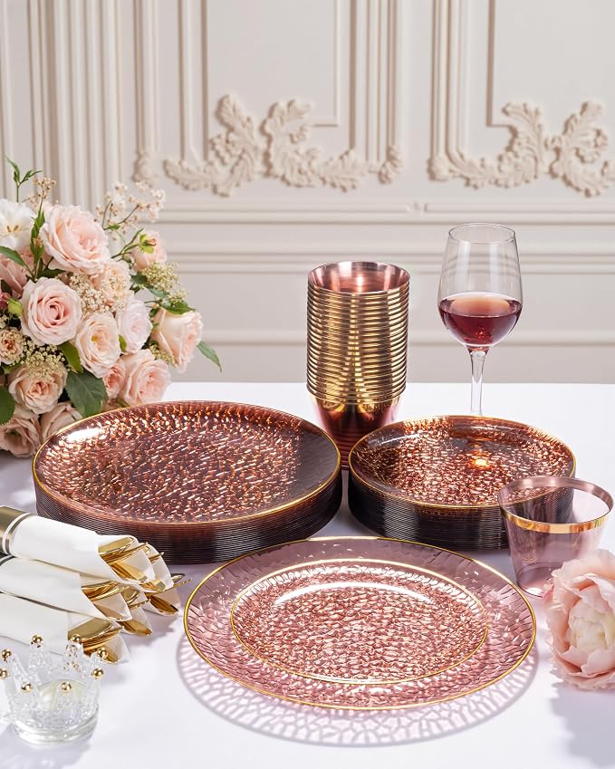 Hioasis 60pcs Burgundy Plastic Plates - Gold Rimmed Disposable, Hammered, Heavy-duty Dinnerware Set Suitable for 30 Guests, 10.25" Dinner & 7.5" Dessert Plates for Party & Wedding