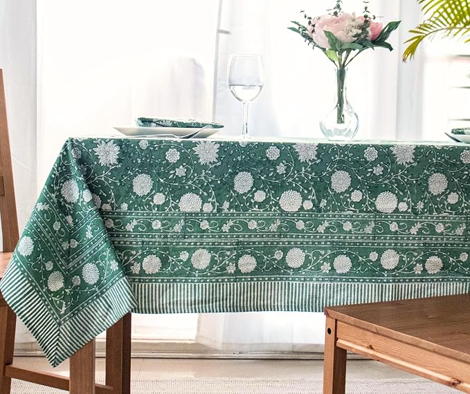 Block Print Table Cloth- 60x120 Inch Rectangle 100% Cotton Handmade Pre-Shrink, Washable for Spring, Kitchen & Dining Perfect for Patio, Indoor & Outdoor, Farmhouse