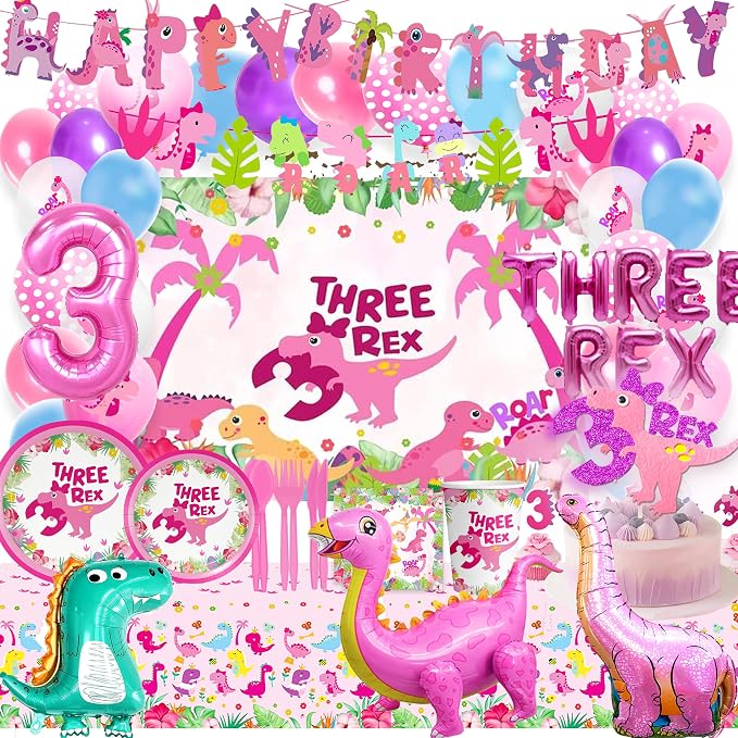 Pink Three Dino Rex Birthday Party Decorations Dinosaur 3rd Birthday Décorations Three inspired Rex Birthday Party Supplies include balloon backdrop knive fork spoon plate napkin cup tablecloth
