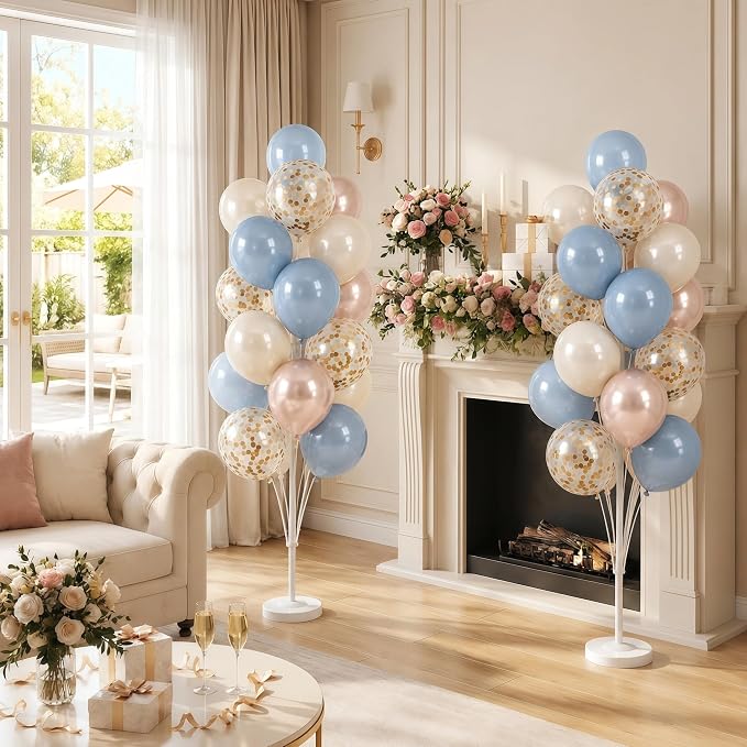 HIINS Balloon Column Kit Set of 2 with Dusty Pastel Blue Gold Balloon Base&Pole,Balloon Tower Backdrop Decoration for Wedding, Baby Shower, Birthday Party, Bridal Engagement