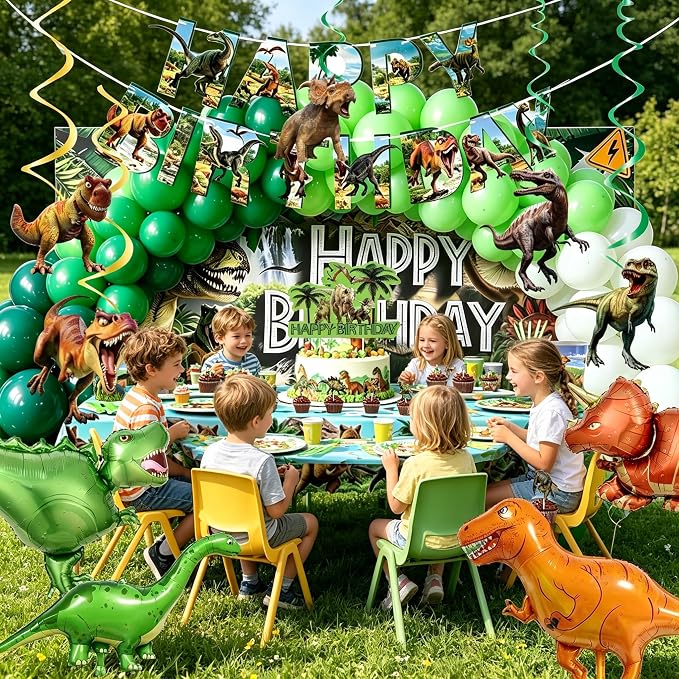 Dinosaur Birthday Party Decorations, 173 PCS Dino Party Supplies | Tableware Serves 10, Banner, Backdrop, Tablecloth, Cake Toppers, Balloons, Hanging Swirls, Stickers for Party Decor