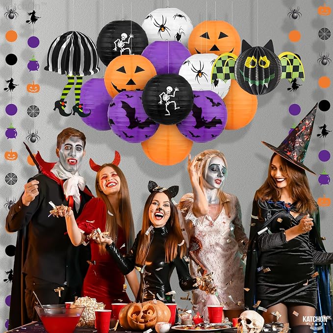 KatchOn, Halloween Hanging Paper Lanterns Set - Pack of 15 | Halloween Paper Lanterns, Halloween Honeycomb Decorations for Halloween Decorations | Halloween Garland for Halloween Party Decorations