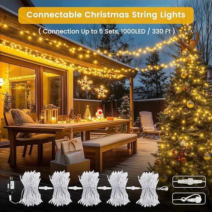 Connectable 1Pack String Lights Indoor, 33FT 100LED String Lights, 13Modes Twinkle Fairy Lights Plug in Outdoor Waterproof, Warm White Clear Wire Light for Christmas Tree, Wedding Yard, Party Decor