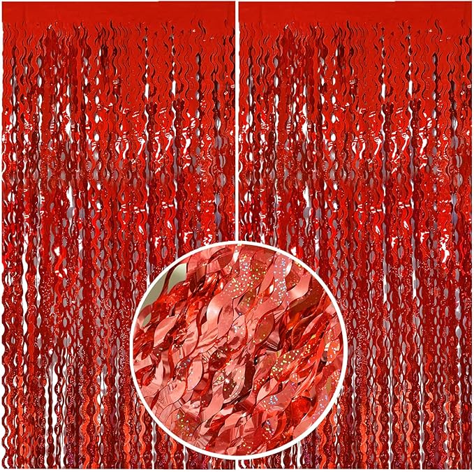 BOMSI Red Tinsel Foil Fringe Curtains Wavy Backdrop for Parties Sparkle Metallic Wavy Foil Fringe Backdrop Curtain for Party Decorations Photo Booth Props Birthday Graduation Wedding Valentines Decor