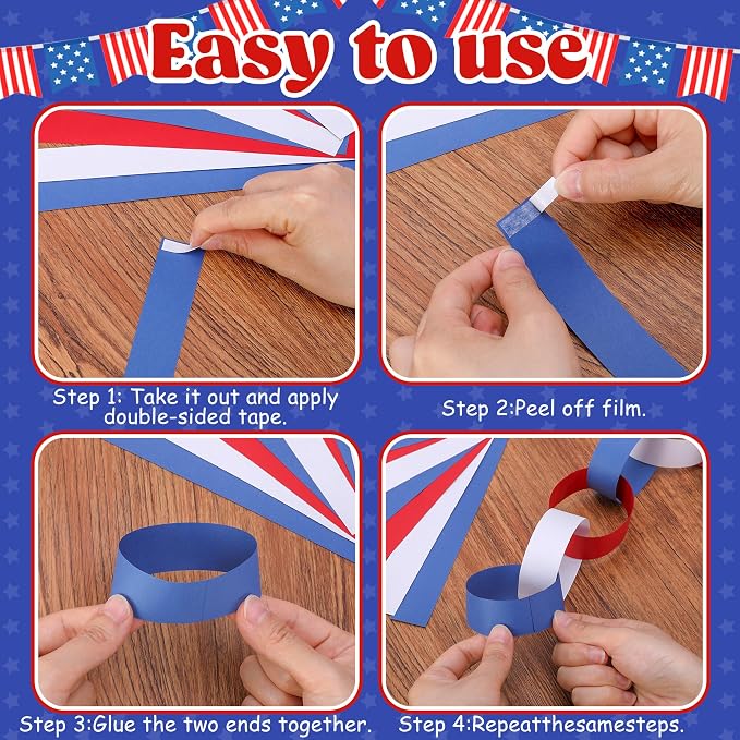 700 Sheet 4th of July Paper Chain Strips Set, 52 ft Red White Blue Star Garland Decor, 492 ft Patriotic Crepe Paper Streamers for DIY Crafts Memorial Day American Theme Party