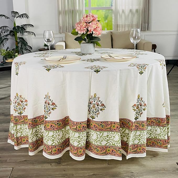 Ridhi Round Tablecloth Hand Block Print 100% Cotton Reusable Sage Green Salmon Pink 132 Inch Table Cover Decorative Everyday Use for Dining, Home, Party, Wedding, Farmhouse Gift Spring, Mother's Day