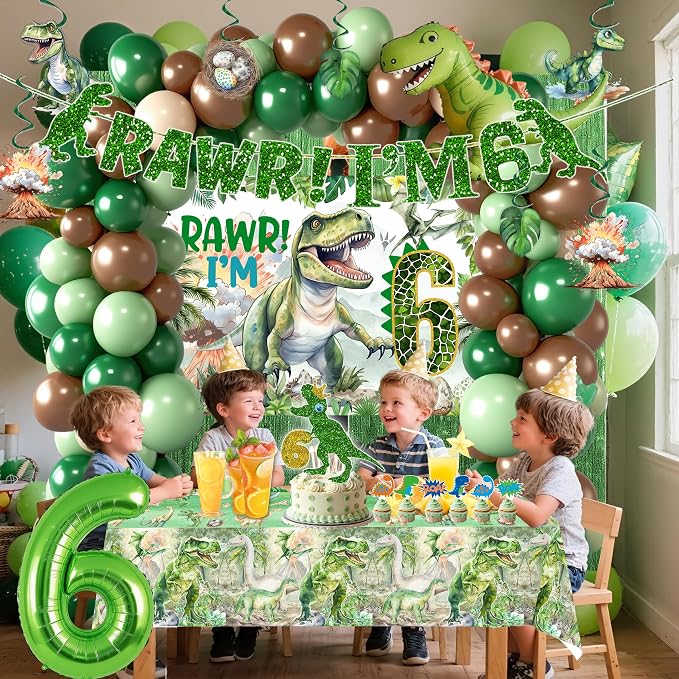 Dinosaur Boys 6th Birthday Dino Jurassic Six-a-sauras 6th Birthday Becorations For Boys Dinosaur 6th Birthday Party Supplies Include Banner, Backdrop, Tablecloth, Cake Toppers, Balloons