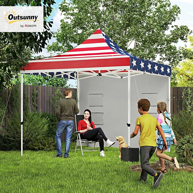 Outsunny 10' x 10' Heavy Duty Pop Up Canopy Tent with Sidewall and Trash Bags, UPF50+ Instant Sun Shelter, Height Adjustable, with Wheeled Bag, Sand Bags for Outdoor, Patio, American Flag Print