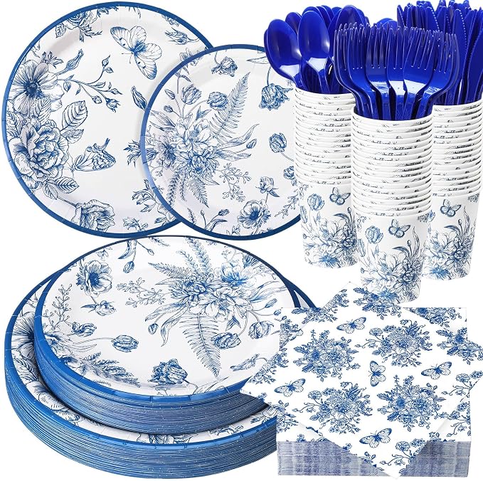Funnymoom 400 Pcs Blue Floral Party Supplies for 50 Guests Blue Flower Disposable Plates Napkins Cups Spoons Forks Knives for Wedding Garden Tea Party Bridal Shower Baby Shower
