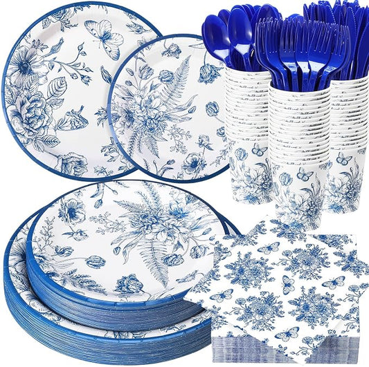 Funnymoom 400 Pcs Blue Floral Party Supplies for 50 Guests Blue Flower Disposable Plates Napkins Cups Spoons Forks Knives for Wedding Garden Tea Party Bridal Shower Baby Shower