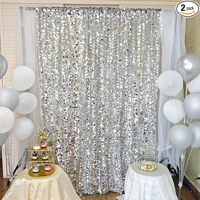 9FTx10FT Silver Sequin Backdrop 1 Panel,18MM Large Payette Sequins Backdrop, Glitter Photobooth Props for Christmas Party Wedding Birthday