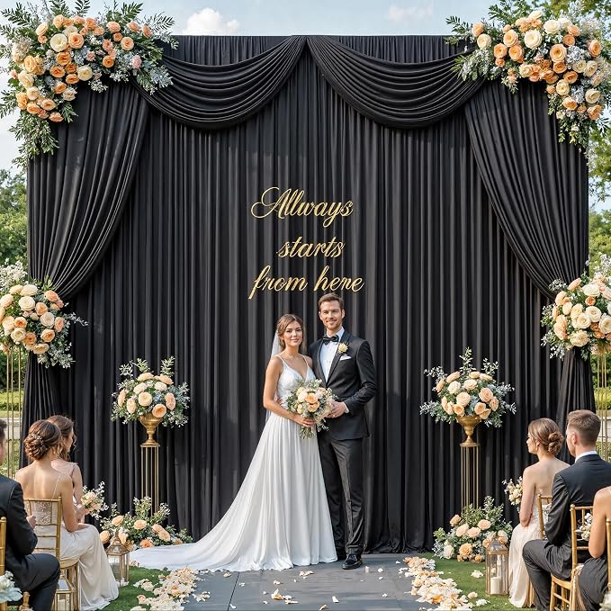 10 Panels 5x12ft Wrinkle Free Black Backdrop Curtains for Parties, Polyester Photo Backdrop Drapes 12 ft Long Back Drop Cloth for Wedding Birthday Photography Background, 50ftx12ft