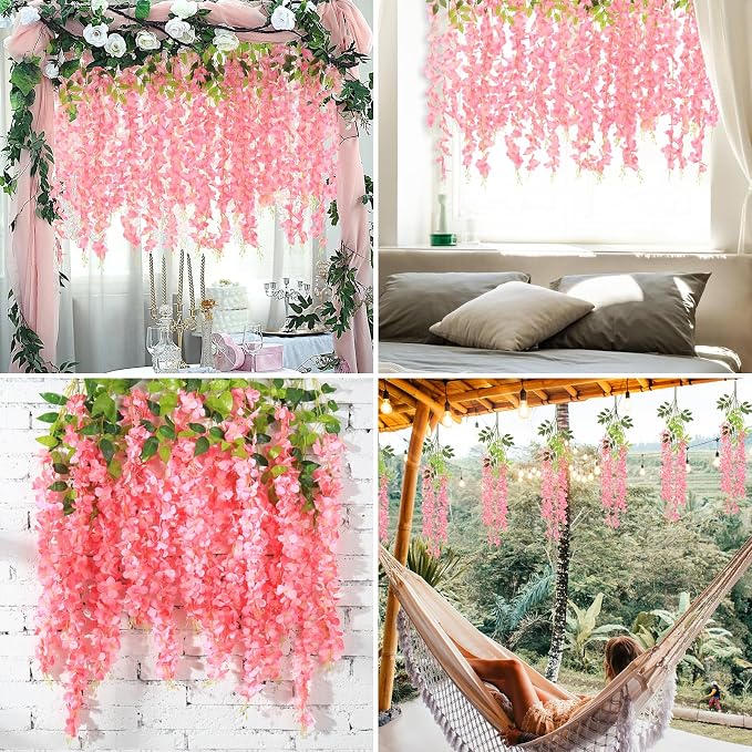BLEUM CADE 36Pcs Deep Pink Fake Wisteria Hanging Flowers, 3.6Ft/Pcs Artificial Wisteria Garland, Hanging Flowers for Wedding Party Home Backdrop Wall Decoration