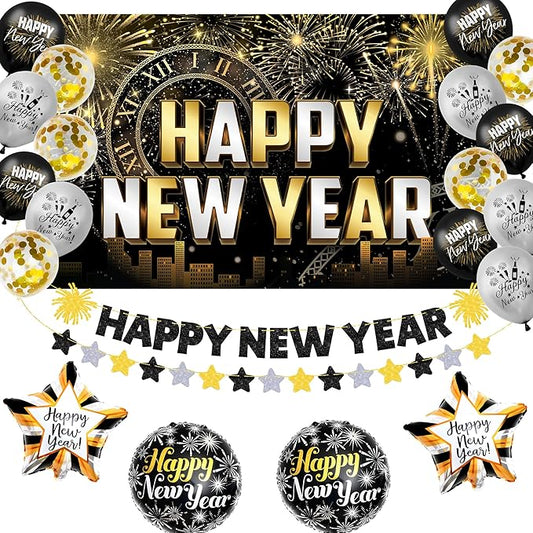 KatchOn, New Years Eve Party Supplies 2026 Set - Big, Pack of 21 | Black and Gold Happy New Year Banner, 2026 Balloon Numbers, New Year Foil Balloons | NYE Decorations 2026, New Years Decorations 2026