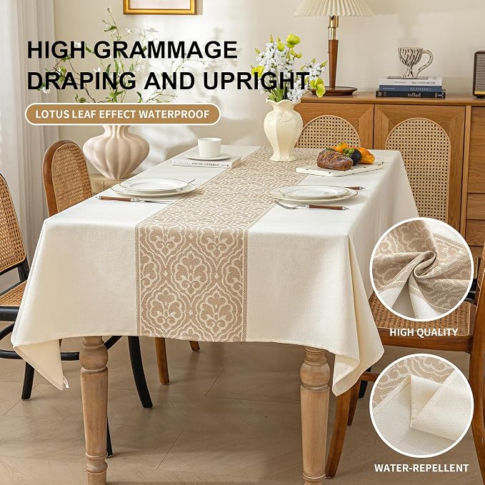 Nordic Beige Linen Tablecloth Rectangle, Heavy-Duty Fabric Spill-Resistant Table Cover, Elegant Drape Wrinkle Free Desktop Protector for Dining Room, Kitchen, Party, Farmhouse Decor