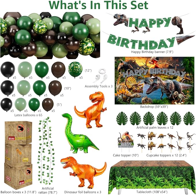 THAWAY Dinosaur Birthday Decorations for Boys - 119 Pcs Dino Party Supplies Kit with Backdrop, Tablecloth, Balloon Arch, and Boxes - Prehistoric Theme Party Decorations for Birthday