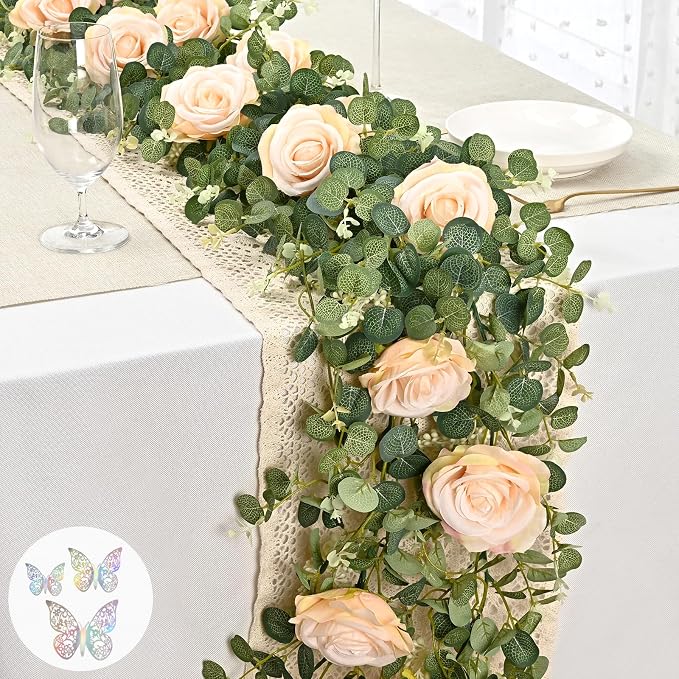 Yastouay 6.07 Ft Fuller Flower Garland with 3D Butterfly, Artificial Eucalyptus Garland with Champagne Flowers Fake Rose Vine for Table Centerpiece Wedding Baby Shower Party Room Backdrop Decor