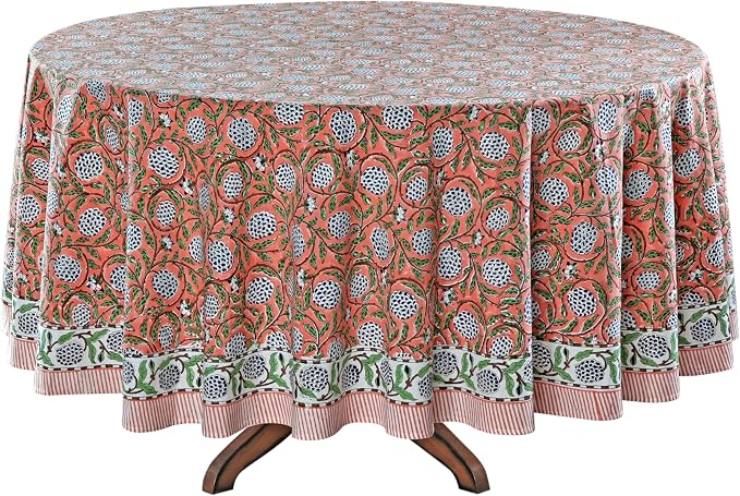 Ridhi Round Tablecloth Hand Block Print 100% Cotton Reusable Dark Salmon 90 Inch Table Cover Decorative Everyday Use for Dining, Home, Party, Wedding, Farmhouse, Party Gift for Spring, Mother's Day