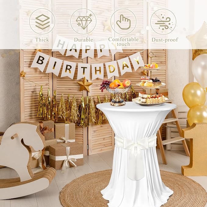 Kochorie 4 Set Cocktail Table Covers with Satin Sash, 32 x 43 Inch Round Cocktail Table Skirt, Spandex Stretch High Top Tablecloth for Wedding Banquet Birthday Party Decorations, (White, Ivory)