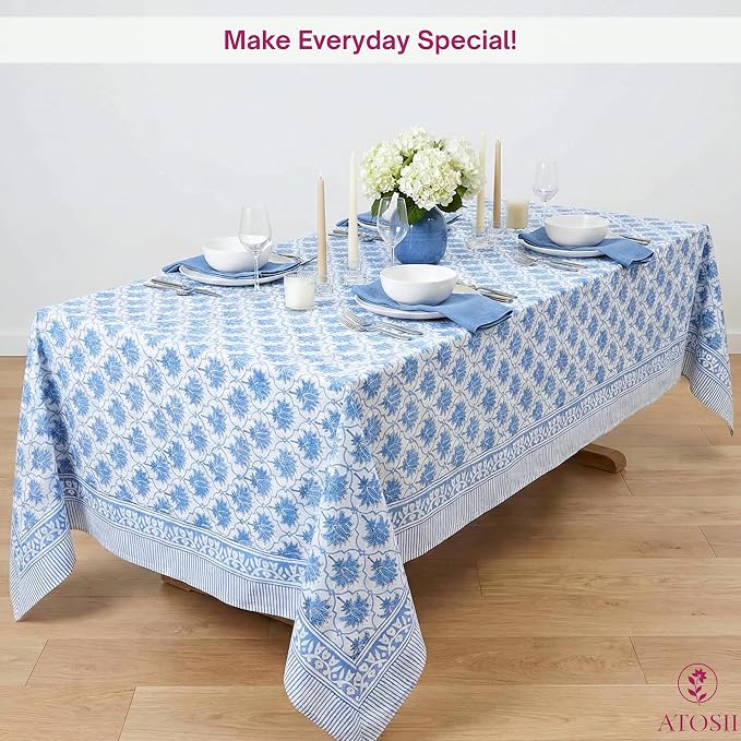 ATOSII Padma Blue 100% Cotton Square Summer Tablecloth, Indian Block Print Floral Table Cloth I Dining Parties Weddings Outdoors Holidays 60 X 60 Inches, 4 Seater I Grandmillennial Farmhouse Boho