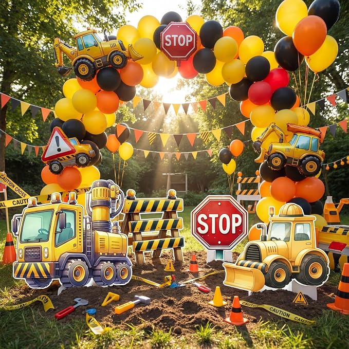Honoson 4 Pcs Large 20" x 30" Construction Cardboard Cutouts, Construction Truck Themed Birthday Party Decoration Backdrop Yard Signs Warning Sign for Party Supplies Lawn Garden Classroom Decor