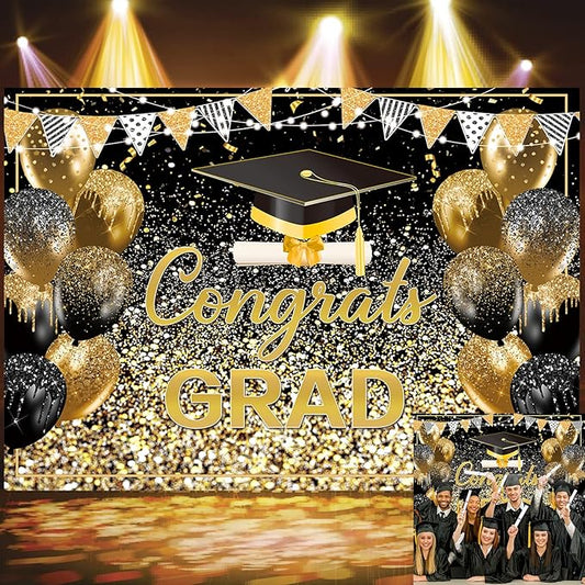 2026 Graduation Backdrop Black Gold Congrats Grad Bachelor Cap Balloon Prom Send Off Photography Background School Celebration Class of 2026 Party Decor Banner Photo Props (Black Gold, 7x5FT)