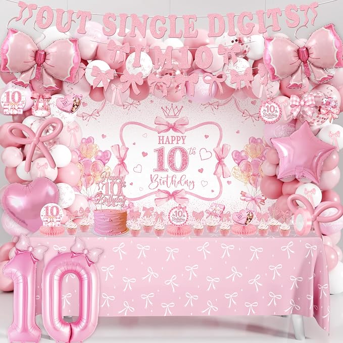 10th Birthday Decorations for Girl, Pink Bow Themed Party Supplies Includes "I'm 10" Banner, Backdrop Hanging Swirls, Centerpieces Number 10 Balloon & Mini Bow Balloons for Double Digits Birthday Girl