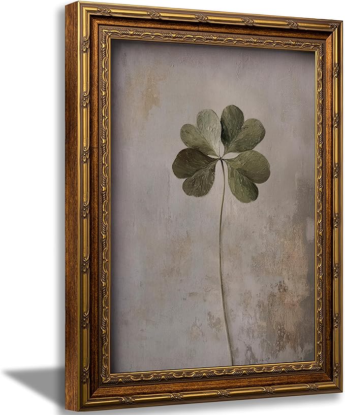 Vintage Gold Framed Vintage Plant Wall Art Four-leaf clover Canvas Wall Decor Retro Shamrocks Poster Print Artwork Patrick's Day painting Picture for Home Living Bedroom Farmhouse Hallway