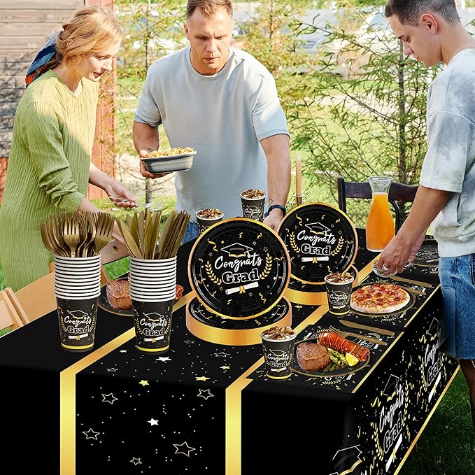 Graduation Decorations 2026 Graduation Party Decorations,147 PCS Disposable Graduation Grad Tableware,Black and Gold Graduation Tablecloth Knives Fork Plates Napkin Cups Graduation Party for 24 Guests