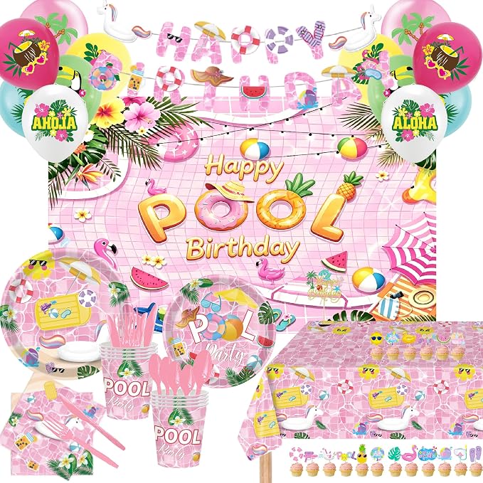 159Pcs Pink Pool Happy Birthday Summer Themed Party Decorations, Plates Napkins Cups Tableware, Swim Pool Tube Backdrop Tablecloth, Happy Birthday Banner, Colorful Printed Ballons for Kids Adults