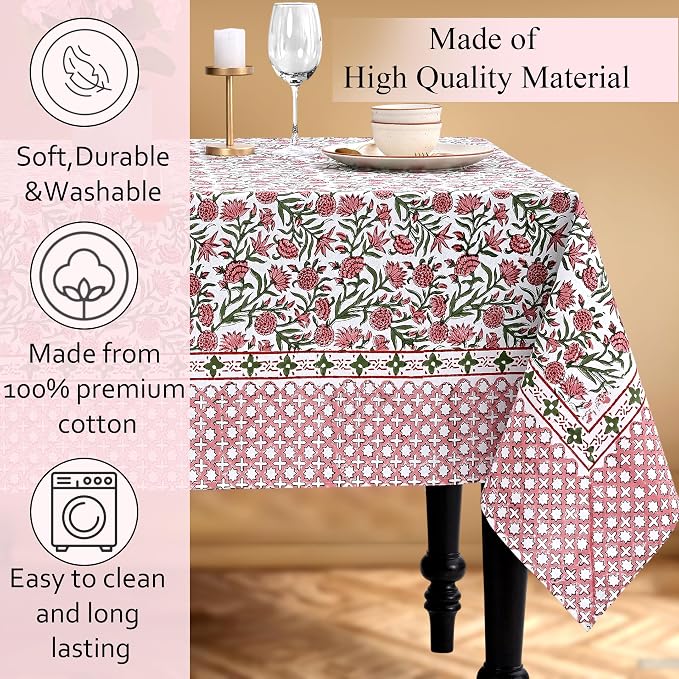 CPC Tablecloth 100% Cotton 70x108 Inch Indian Block Print Rectangle Table Cover, Gray Table Cloth for Weddings, Spring/Summer, Barbeque - Red Garnet