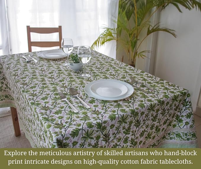 Light Green Block Print Table Cloth- 54x108 Inch Rectangle 100% Cotton Handmade Pre-Shrink, Washable for Spring, Kitchen & Dining Perfect for Chirstmas, Patio, Indoor & Outdoor, Farmhouse