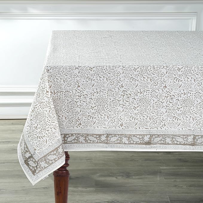 Ridhi Taupe Jal Hand Block Print Cotton Rectangle Tablecloth 118" x 70" inches Reusable Table Cover Decorative Everyday Use for Dining Room, Farmhouse, Home Gift for Spring, Mother's Day