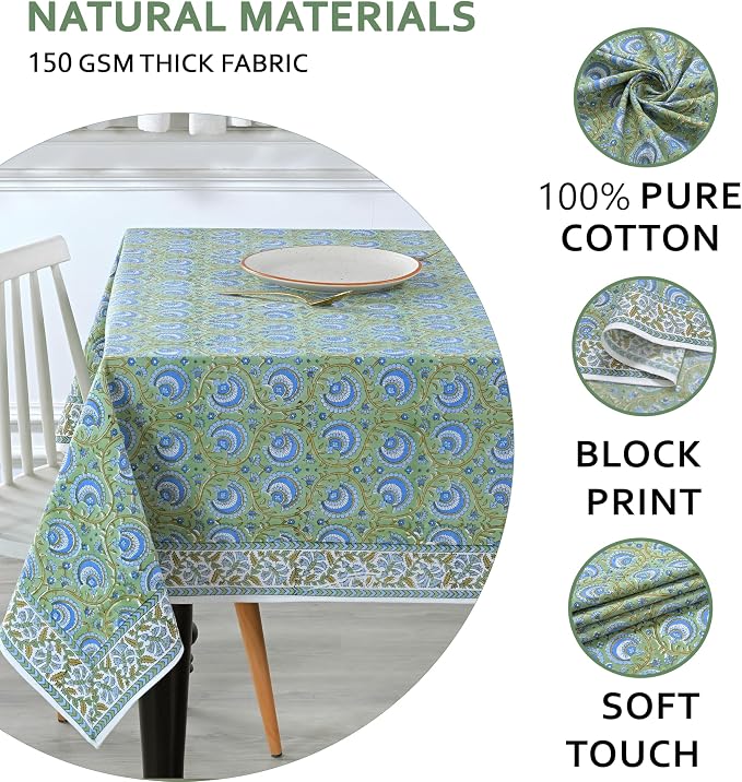 Ridhi Verdant Mist Hand Block Print Cotton Rectangle Tablecloth 108" x 60" inches Reusable Table Cover Decorative Everyday Use for Dining Room, Farmhouse, Home Gift for Spring, Mother's Day