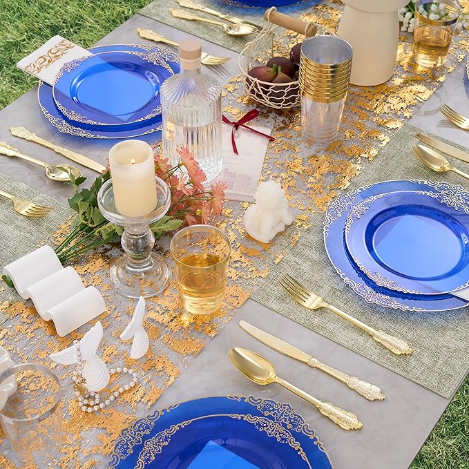 Fijinhom 350pcs Blue Plastic Plates, Elegant Disposable Dinnerware Set, 125 Pieces, White and Gold, Plates, Cups, Cutlery and Napkins (Blue, 50 Guests)
