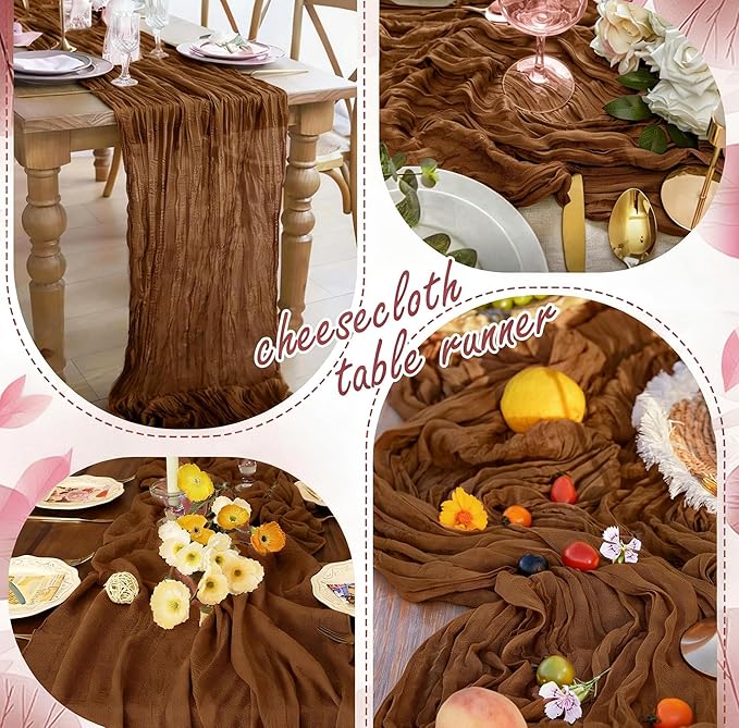 20 Packs Cheesecloth Table Runner 10FT Long Boho Gauze Fabric Table Runner Vintage Rustic Sheer Runners for Wedding Party Bridal Baby Shower Table Decorations (Brown)