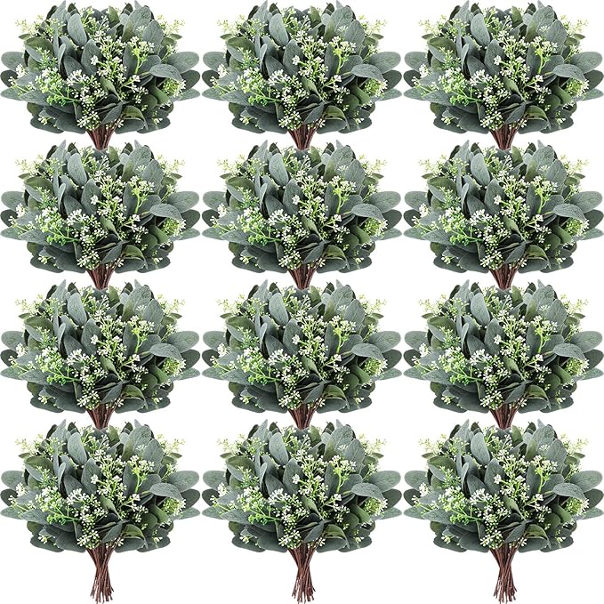 Janinka 60 Pcs Artificial Greenery Eucalyptus Stem Artificial Mixed Eucalyptus Stems Leaves Bulk with White Seeds Silver Dollar Faux Greenry Stems Sprays for Wedding Bouquet Decor Flower Arrangement