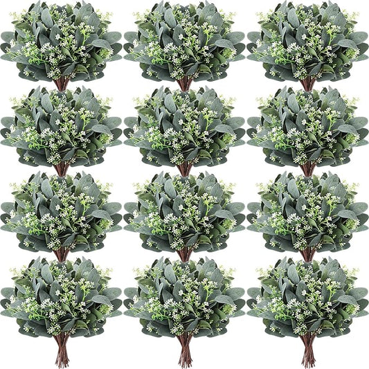 Janinka 60 Pcs Artificial Greenery Eucalyptus Stem Artificial Mixed Eucalyptus Stems Leaves Bulk with White Seeds Silver Dollar Faux Greenry Stems Sprays for Wedding Bouquet Decor Flower Arrangement